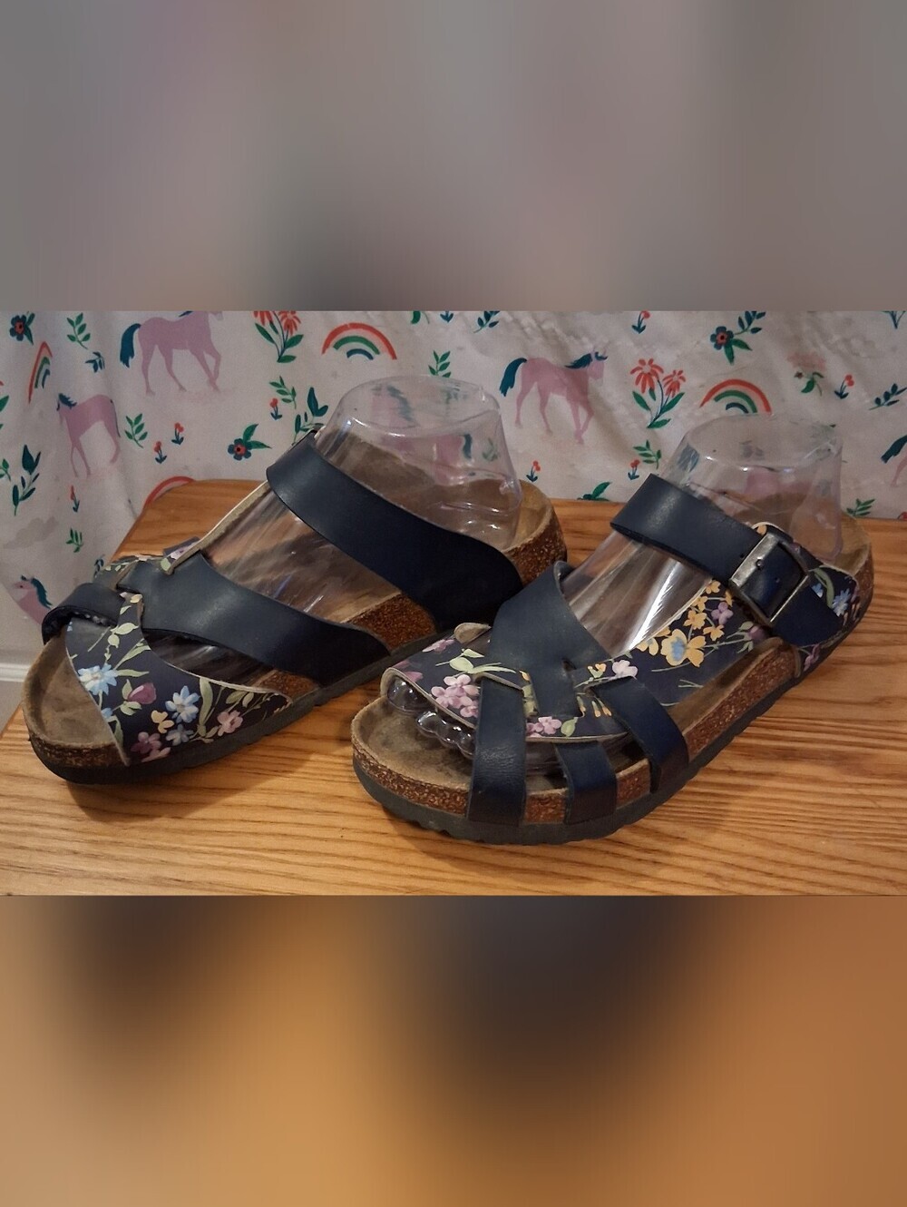 Birkenstock Papillio Pisa Navy Floral Boho Orthotic Casual Sandals SZ 8